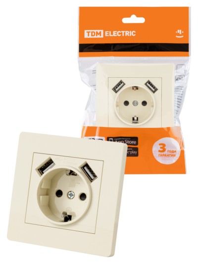 Розетка 2П+З 16А 250В + 2 USB порта 2,1А 5В сл. кость “Сенеж” TDM