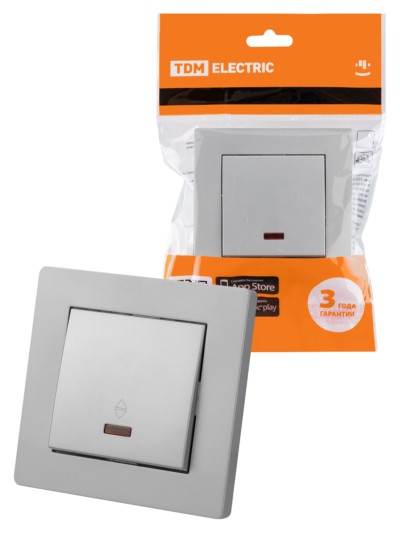 Выключатель на 2 направления 1 кл. с подсветкой 10А серебр. металлик “Сенеж” TDM