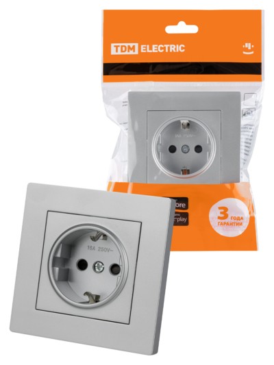 Розетка 2П+З 16А 250В с защ. шт. серебр. металлик “Сенеж” TDM