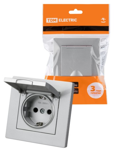 Розетка 2П+З 16А 250В IP44 с защ. шт. с крышкой серебр. металлик “Сенеж” TDM
