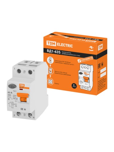 Устройство защитного отключения ВД1-63S 2Р 63А 100мА TDM