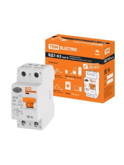Устройство защитного отключения ВД1-63 2Р 25А 30мА тип А TDM