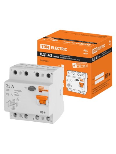 Устройство защитного отключения ВД1-63 4Р 25А 10мА тип А TDM
