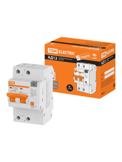 Диф. автомат АД12 2P, C25, 10 мА, 4,5 кА, тип АС, 3 мод, TDM