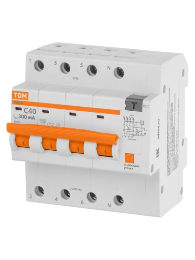 Диф. автомат АД14 4P, C40, 300 мА, 4,5 кА, тип АС, 5 мод, TDM — изображение 2