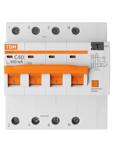 Диф. автомат АД14 4P, C40, 300 мА, 4,5 кА, тип АС, 5 мод, TDM — изображение 3