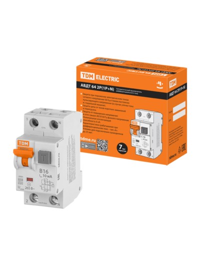 Выключатель АВДТ 64 2Р(1Р+N) B16 10мА тип А защита 265В TDM