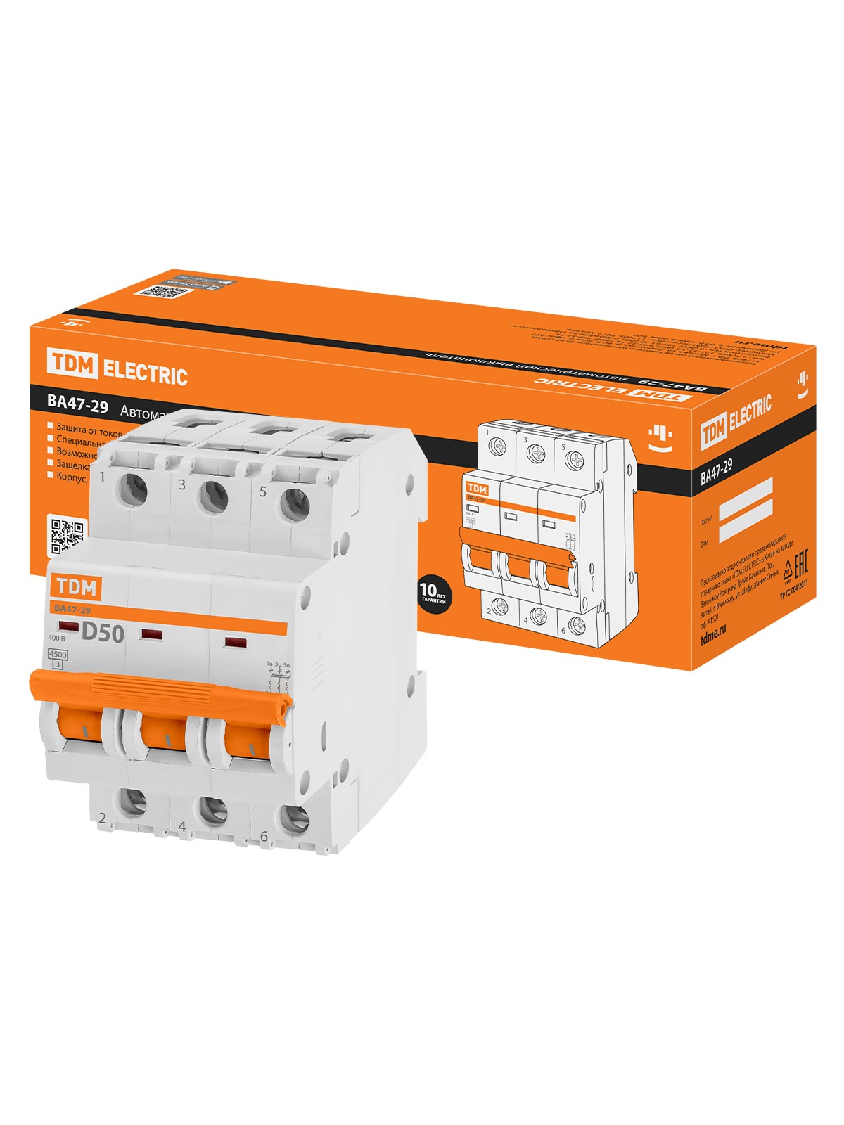 Авт. выкл.ВА47-29 3Р 50А 4,5кА х-ка D TDM