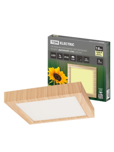 Светильник накладной светодиодный квадрат “Даунлайт” СПО (сосна) 18 Вт 225*225*32 мм 3000К TDM