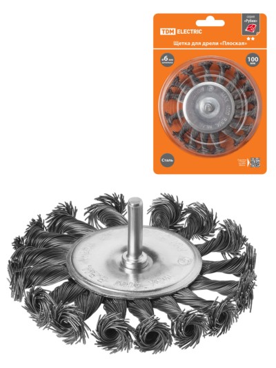 Щетка для дрели “плоская”, 100 мм, плетеные пучки стальной проволоки d 0,5 мм, “Рубин”, TDM