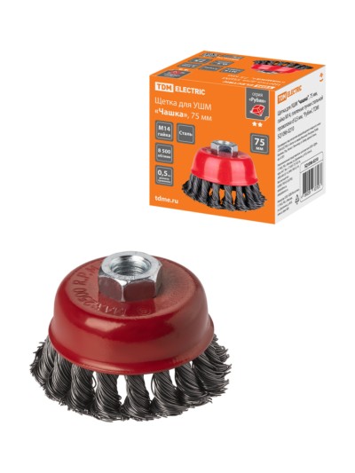 Щетка для УШМ “чашка”, 75 мм, гайка М14, плетеные пучки стальной проволоки d 0,5 мм, “Рубин”, TDM