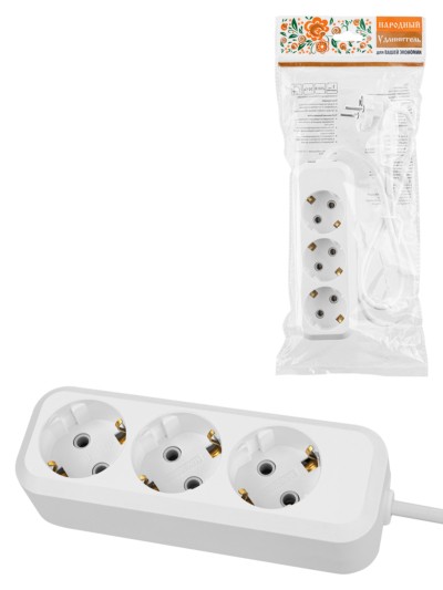 Удлинитель 3 гнезда, 5 метров, с/з, выкл., 16 А, 3680 Вт, белый, НАРОДНЫЙ У1-33058