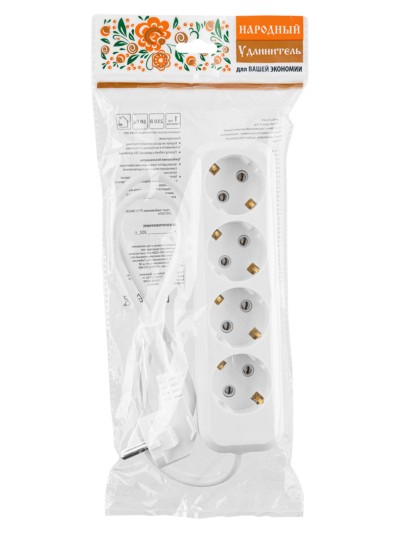 Удлинитель 4 гнезда, 3 метра, б/з, 10 А, 2300 Вт, белый, НАРОДНЫЙ У-42016 — изображение 5