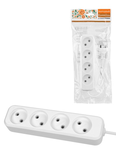 Удлинитель 4 гнезда, 1,5 метра, с/з, выкл., 10 А, 2300 Вт, белый, НАРОДНЫЙ У1-42056