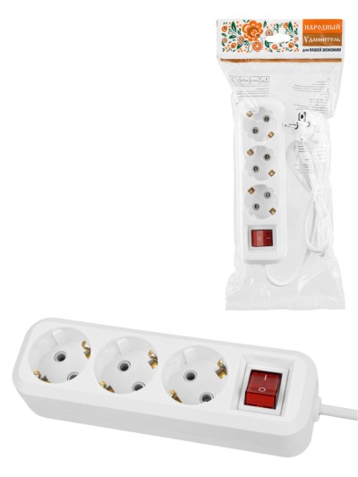 Удлинитель 3 гнезда, 7 метров, с/з, 16 А, 3680 Вт, белый, НАРОДНЫЙ У1-33052