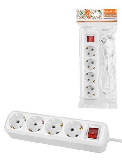 Удлинитель 4 гнезда, 1,5 метра, с/з, 16 А, 3680 Вт, белый, НАРОДНЫЙ У1-43053