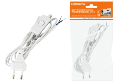 Шнур с выключателем и плоской вилкой ШУ01В ШВВП-ВП 2х0,75мм2 2м. белый TDM