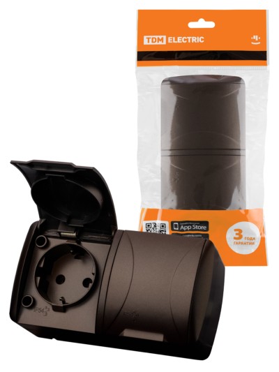 Розетка двойная 2П+3 открытой установки IP54 16А с крышкой шоколад “Селигер” TDM