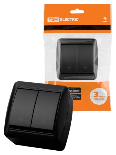 Выключатель на 2 направления 2-кл. открытой установки IP44 10А графит “Селигер” TDM
