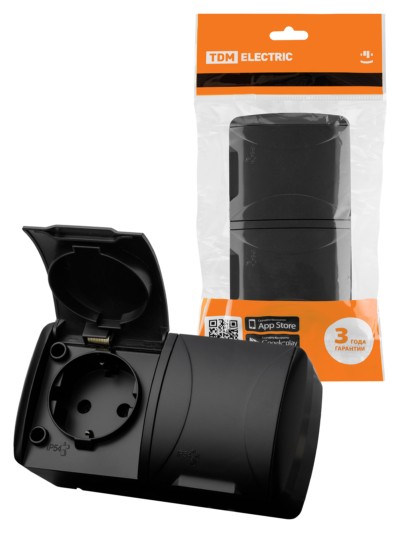 Розетка двойная 2П+3 открытой установки IP54 16А с крышкой графит “Селигер” TDM