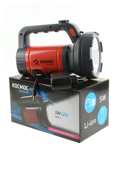 Фонарь-прожектор аккумуляторный PREMIUM 5Вт 2 режима литиевый аккум. 2.4А.ч супер яркий экономн. время работы от 3 до 12ч ЗУ в компл. Космос KOSAc8005WLith