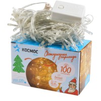Гирлянда светодиодная 100LED бел. прозр. провод 10.8м 8 режимов мигания IP20 тепл. бел. Космос