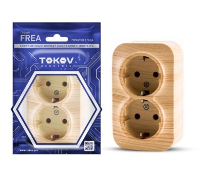 Розетка 2-м ОП Frea 16А IP20 250В с заземл. АБС-пластик сосна Tokov Electric TKE-FR-R2Z-C25